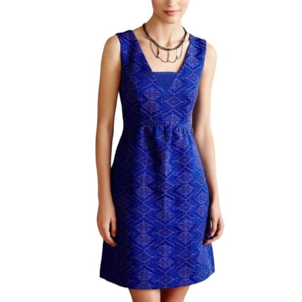 Maeve for Anthropologie Avery Aztec Brocade Dress Blue Size 2‎